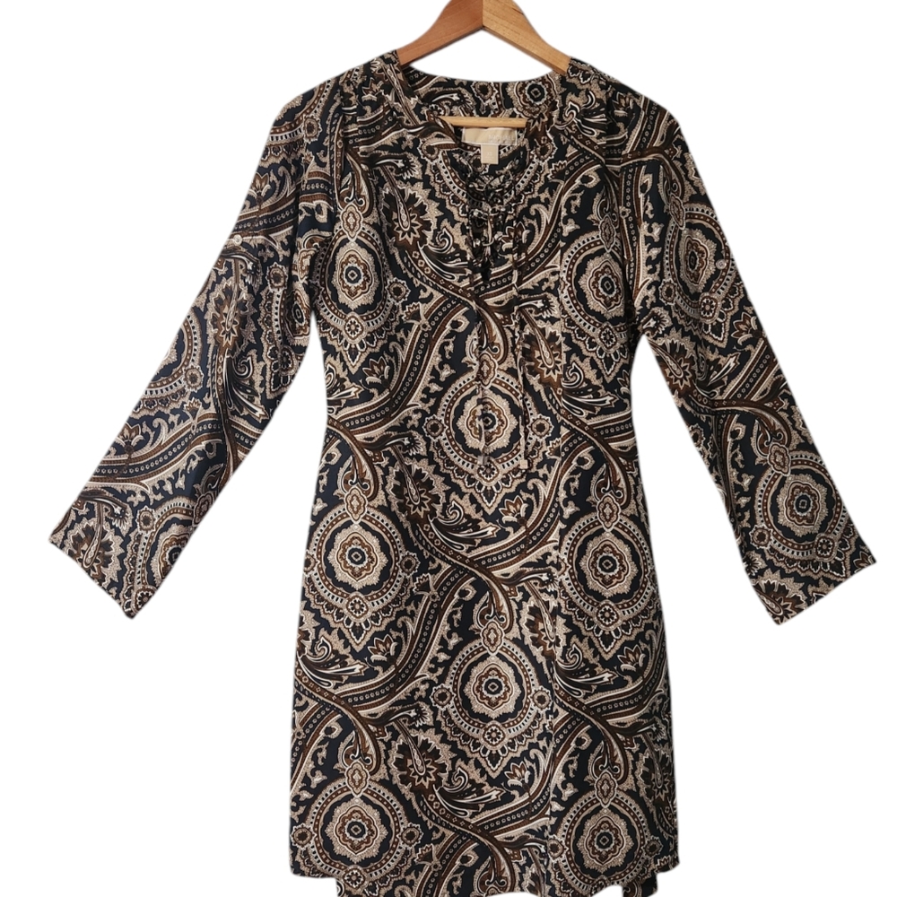 Michael Kors Silk Paisley Print Versatile Sheath Dress Brown Black